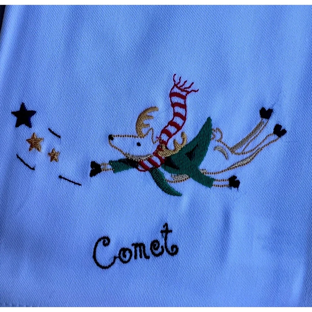 PHI Set of 8 Embroidered Reindeer Dinner White Napkins 100% Cotton Christmas NWT